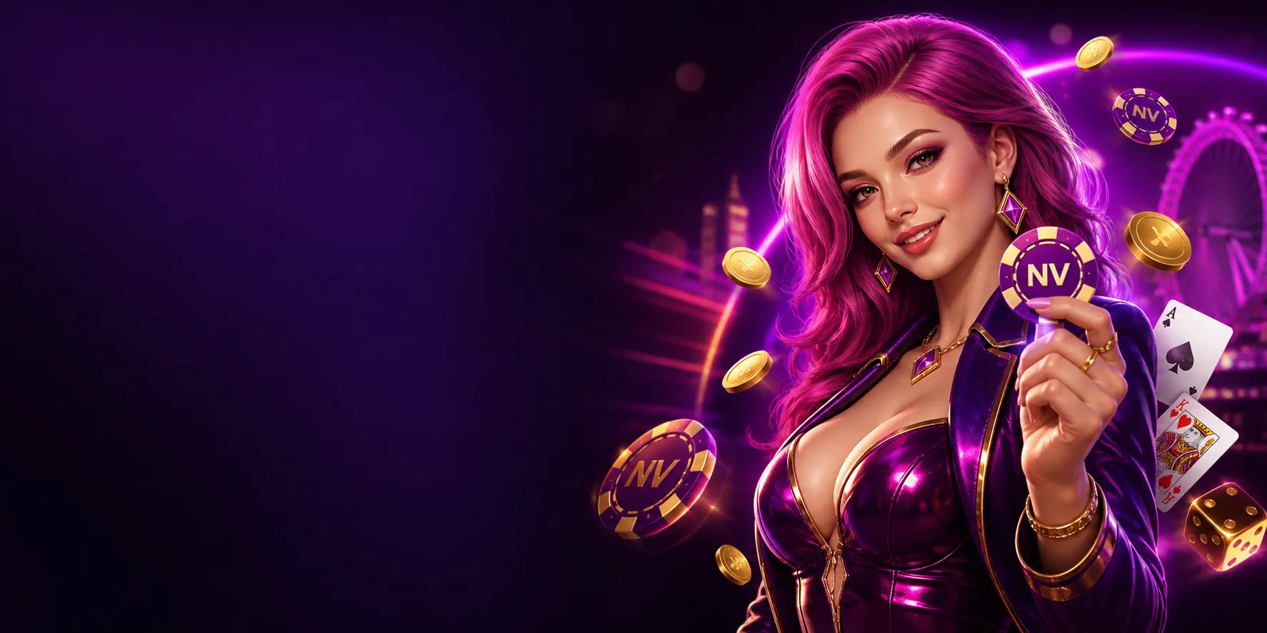 Glamorous NV Casino hostess with neon-lit chips and gold accents, set against a dark premium gradient background.