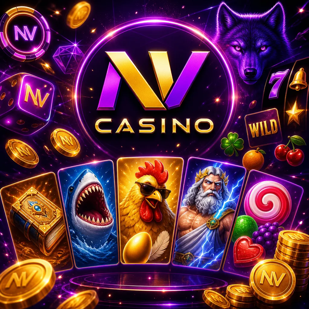 NV Casino promo image featuring brand logo, purple-magenta neon, gold accents, and modern iGaming atmosphere.