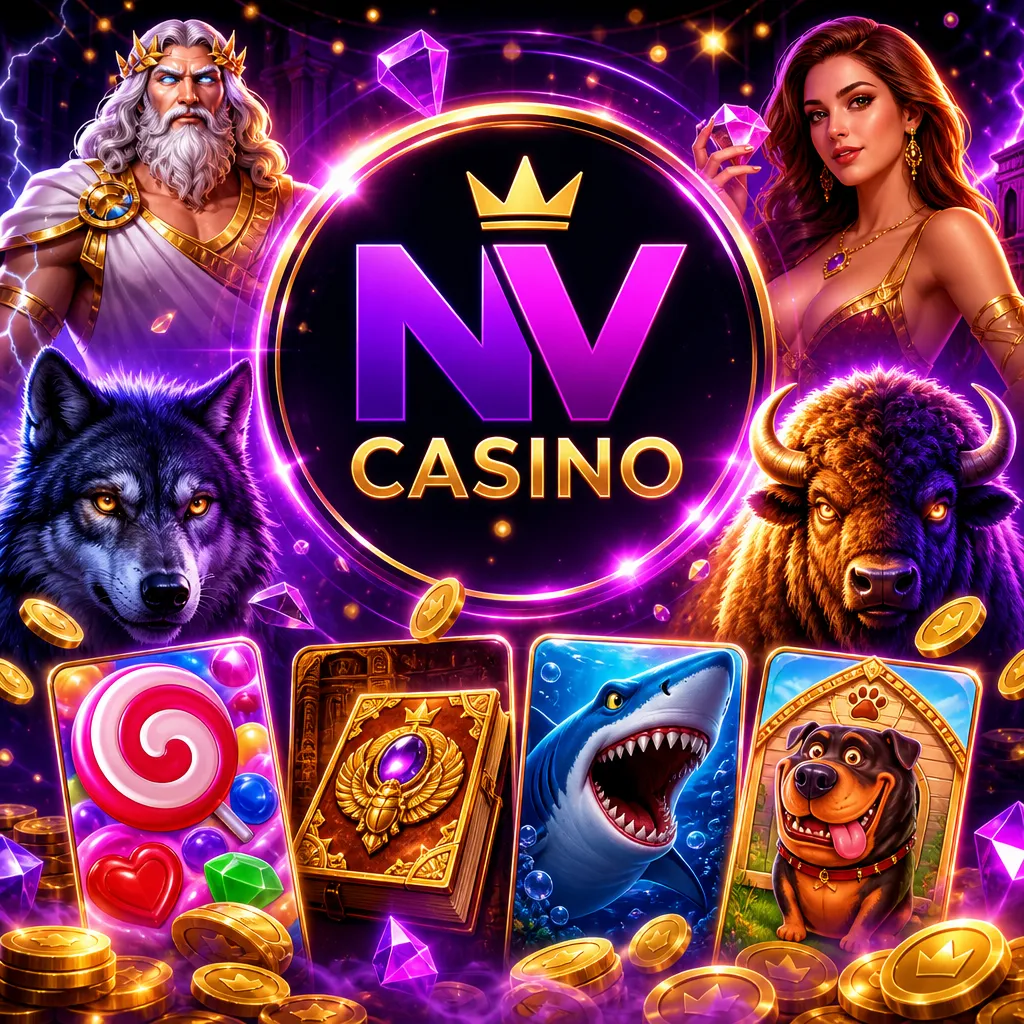 Square promo image for NV Casino featuring official logo with purple-magenta neon, gold accents, and slot-card visuals.